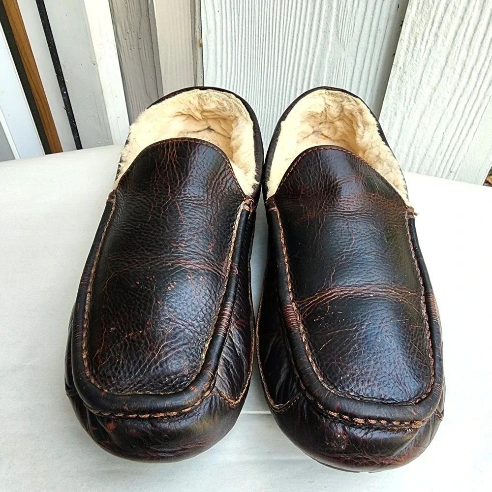 UGG Ascot Leather Slippers Plush Wool Sz 11 Loafers Brown Driving Cozy Warm Soft
